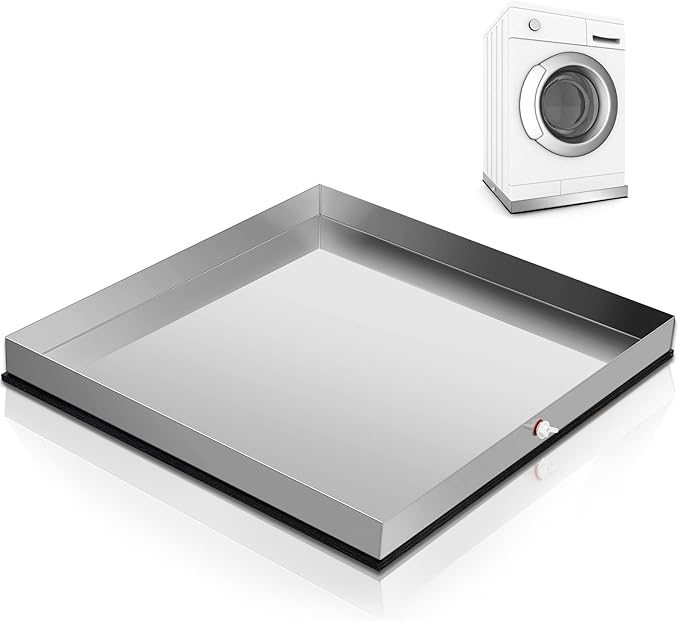 Tandefio 28" x 30" x 2.5" Washing Machine Drain Pan Washing Machine Tray for Floor Protection Heavy Duty 304 Stainless Steel Dishwasher Leak Pan with Drain Hole and Anti-slip Bottom Pad