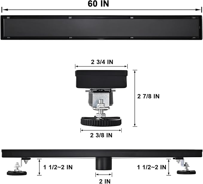 Linear Shower Floor Drain, Black 60 Inch 304 Stainless Steel Bathroom Drains Kit, Rectangular Shower Trench Drain with Reversable Tile-in Pattern Drain Cover & Hair Catcher