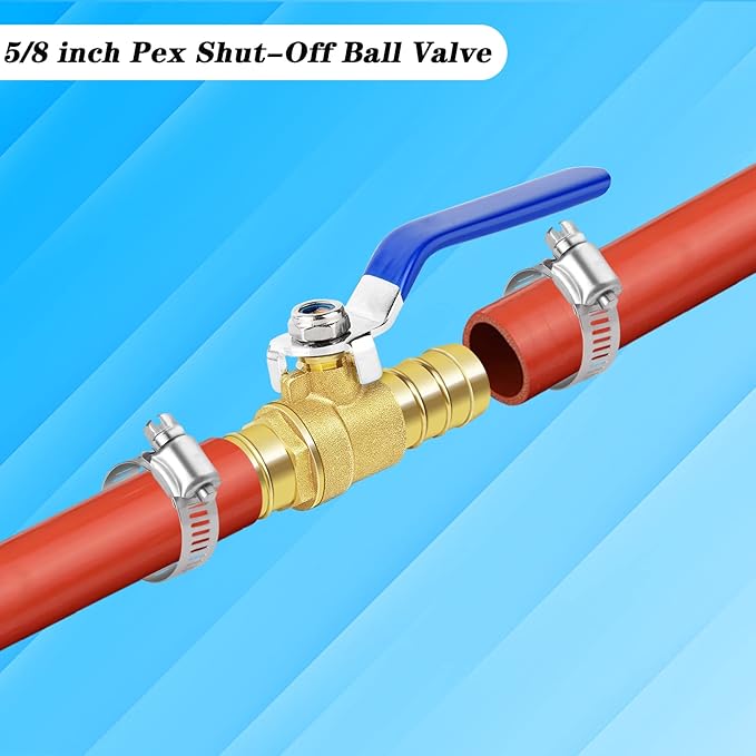 Brass Hose Barb Ball Valve Kit-1pcs 5/8" Heater Hose Shut Off Valve with Stainless Steel Clamps-High Temperature Resistance Shut off PEX Ball Valve for Water, Oil, Gas, Fuel line Fittings