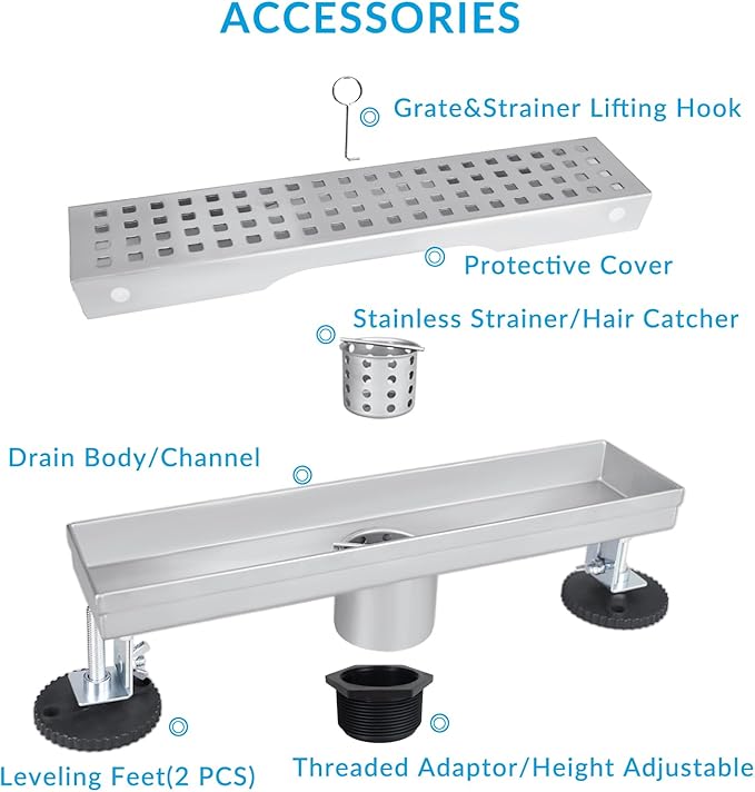 32 Inch Removable Cover Linear Shower Drain 304 Stainless Steel Rectangular Floor Drain for Kitchen Bathroom Square Hole Pattern Drain with Accessories Hair Strainer Adjustable Leveling Feet (Silver)