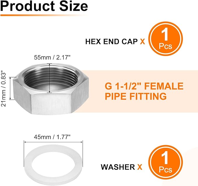 uxcell Hex End Cap 304 Stainless Steel Nut with Washer, G1-1/2 Female Thread Pipe Fitting, Gas Line Water Line Stop Valve Cap Tubing Ends for Plumbing Fittings, Silver Tone