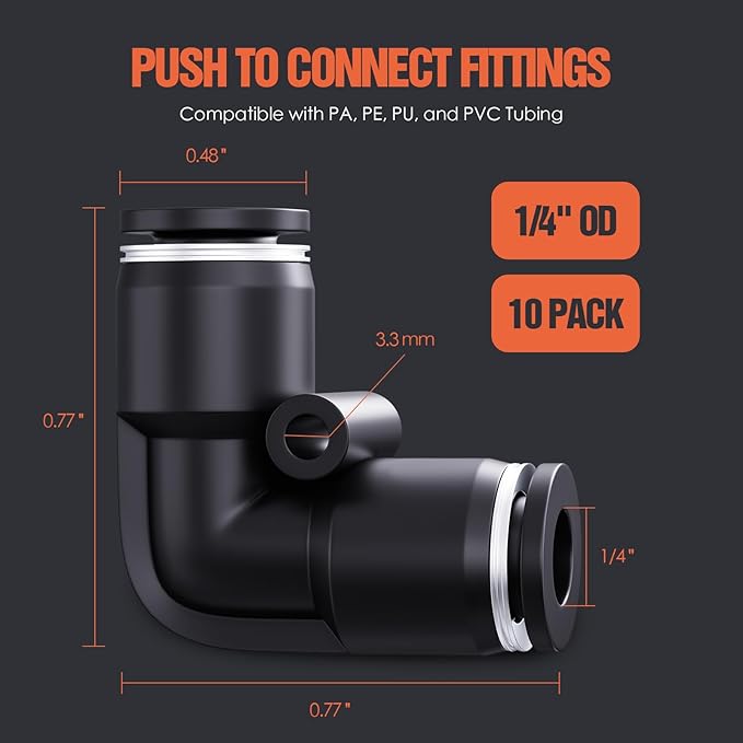 1/4" OD Push to Connect Fittings – Air Line Elbow Connectors, Quick Connect Pneumatic Fittings, Push Lock Air Hose Fittings for Compressor, Air Tools & Tubing (10 PCS)