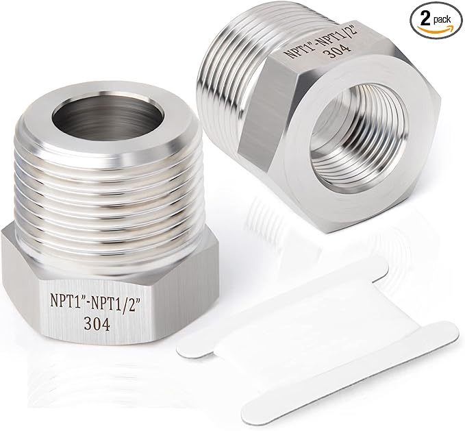 TAISHER 2PCS Forging of 304 Stainless Steel Reducer Hex Bushing, 1" Male NPT to 1/2" Female NPT, Reducing Cast Pipe Adapter Fitting