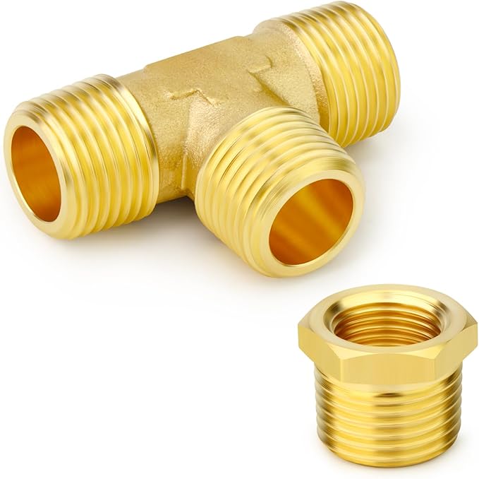 GASHER 2PCS Brass Male Tee Pipe Fitting T Adapter, 3 Way Brass Fitting 1/2" x 1/2" x 1/2" NPT T Fitting