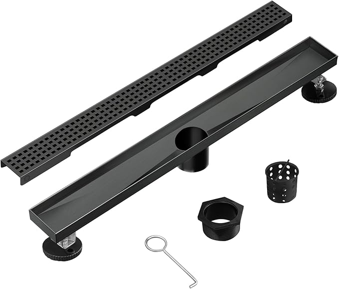 Linear Shower Drain, 60 inch Black Drain with Removable Grate Cover, Brushed 304 Stainless Steel Shower Floor Drain, Linear Drain with Hair Strainer and Adjustable Feet