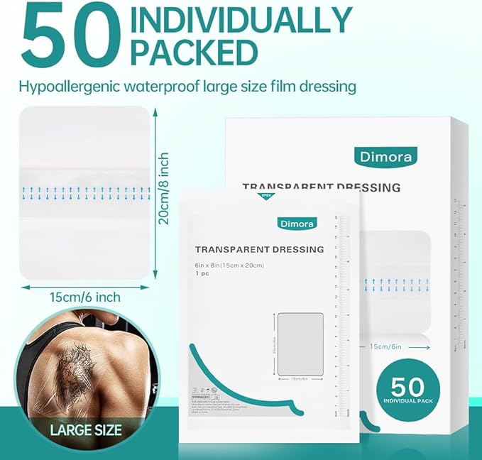Dimora Waterproof Transparent Film Dressing, Large Clear Wound Bandages 6x8 inch 50 Pack, Post Surgical Skin Protector, Adhesive Medical Pad for Swimming,Showering,Tattoo Aftercare,IV Fixing