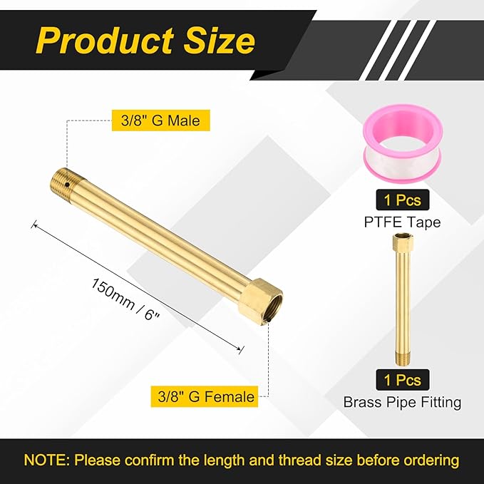 PATIKIL 2 Pack 3/8" g Male x 3/8" g Female Brass Pipe Fittings, Nipple Brass Fitting Extension Pipe Fittings Adapter Connection with Tape 6 Inch / 150mm Length
