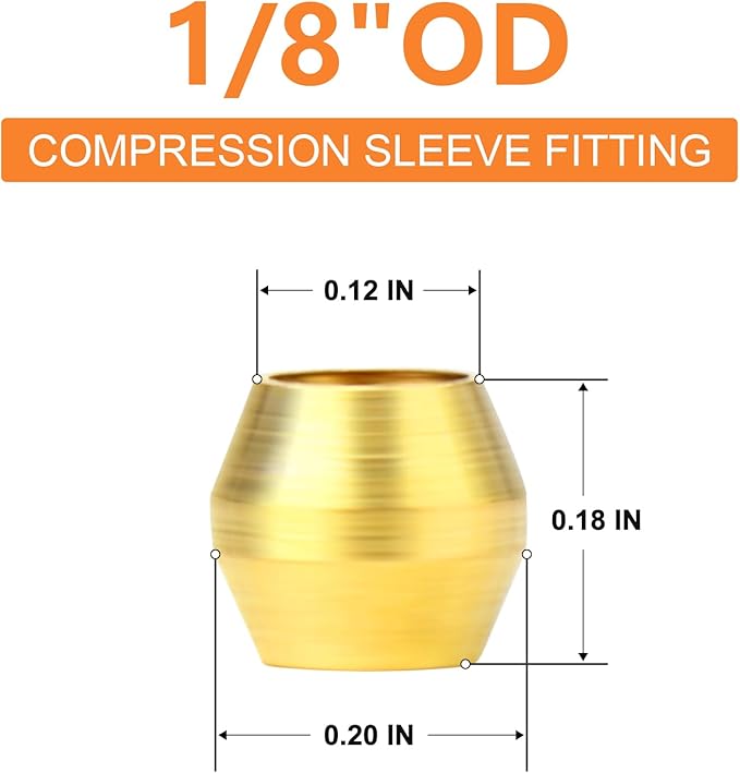 GASHER 100PCS Brass Compression Fitting, Brass Compression Sleeve Ferrules 1/8" Tube OD