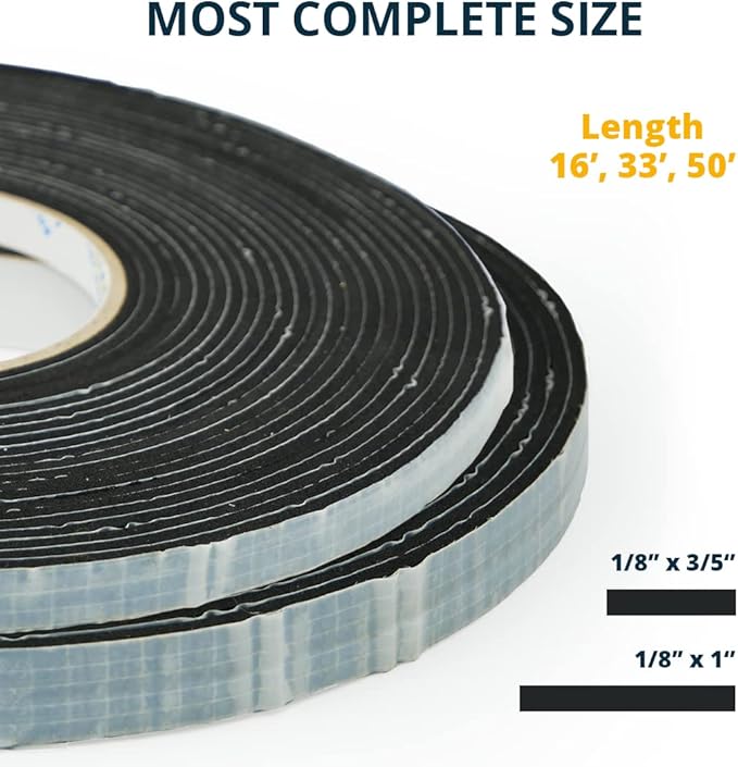 Alenor EPDM Black Foam Insulation Tape Self Adhesive 1/8"x1" x 50' Ft –Pack of 1- Weather Stripping for Doors & Windows,Soundproofing,Door Seal,Weatherstrip,Pipe Cooling,Air Conditioning Seal Strip