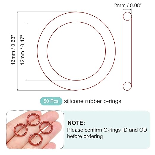 MECCANIXITY Silicone O-Ring 12mm ID 16mm OD 2mm Width Metric VMQ Sealing Gasket Replacement 50A Durometer for Plumbing Compressor Faucets Valves Repair (Red, Pack of 50)
