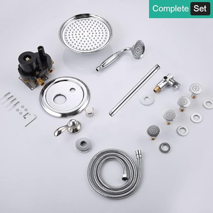 Antique Shower Faucet-Sets Fixtures: 9 inch Ceiling Rain Head with Handheld Spray and Body Jets, 3 Way Diverter Rough in Valve System included Trim Kit, Brushed Nickel