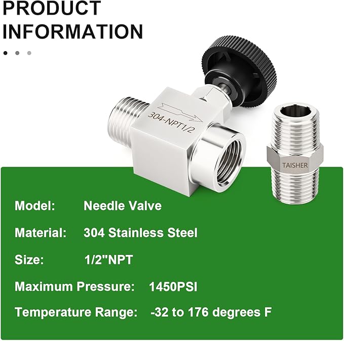 TAISHER 1PCS 304 Stainless Steel Straight Needle Valve 1/2" NPT Male x 1/2" NPT Female For Flow Control Water Gas Oil With Nipple