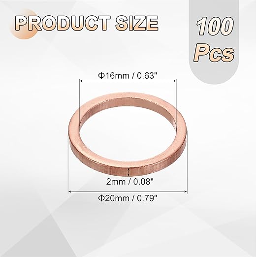 uxcell 100Pcs M16 Flat Washer Copper Washer Sealing Rings, 16mm ID 20mm OD 2mm Thickness Copper Crush Washers Metric Sealing Gasket for Plumbing Machinery Automotive