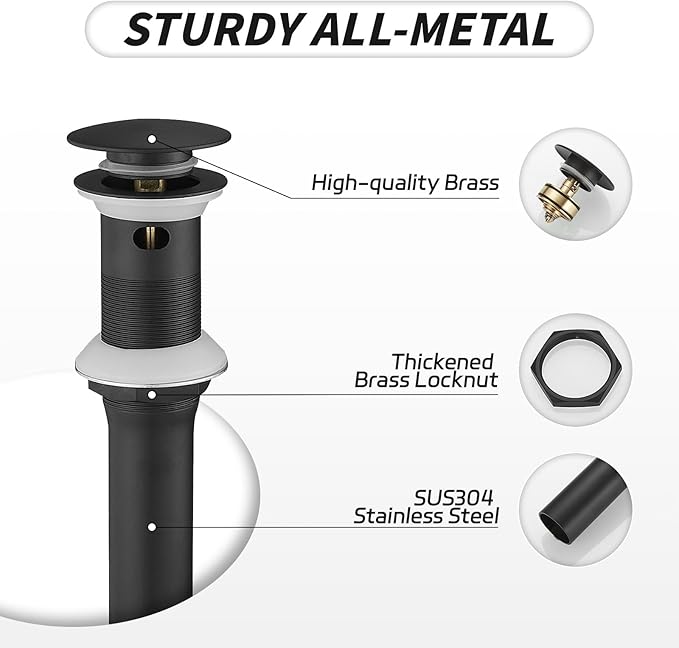 BWE Matte Black One Piece Bathroom Vessel Sink Drain Stopper with OverflowPop Up Drain Assembly with Strainer for Bathroom Vessel Vanity Faucet