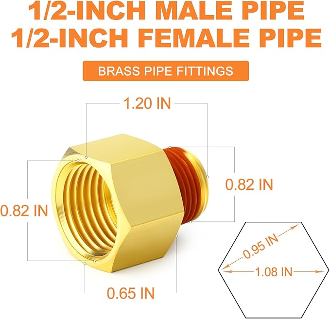 GASHER 5PCS Brass Pipe Fitting, Reducer Adapter, 1/2" Female x 1/2" Male Pipe With Sealant