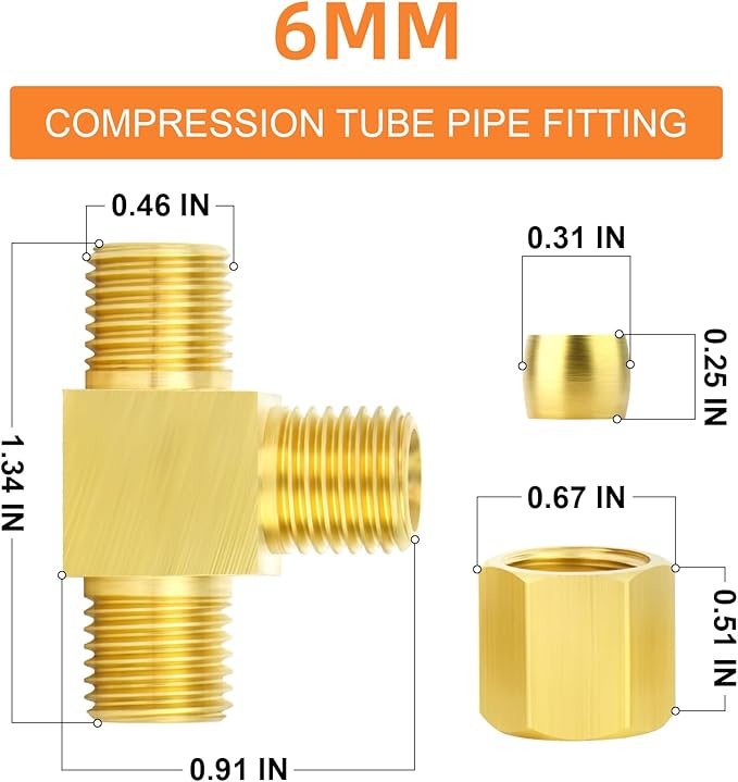 GASHER 2PCS Brass Compression Tube Pipe Fitting Connector, Tee，6mm x 6mm x 6mm Tube OD Connector