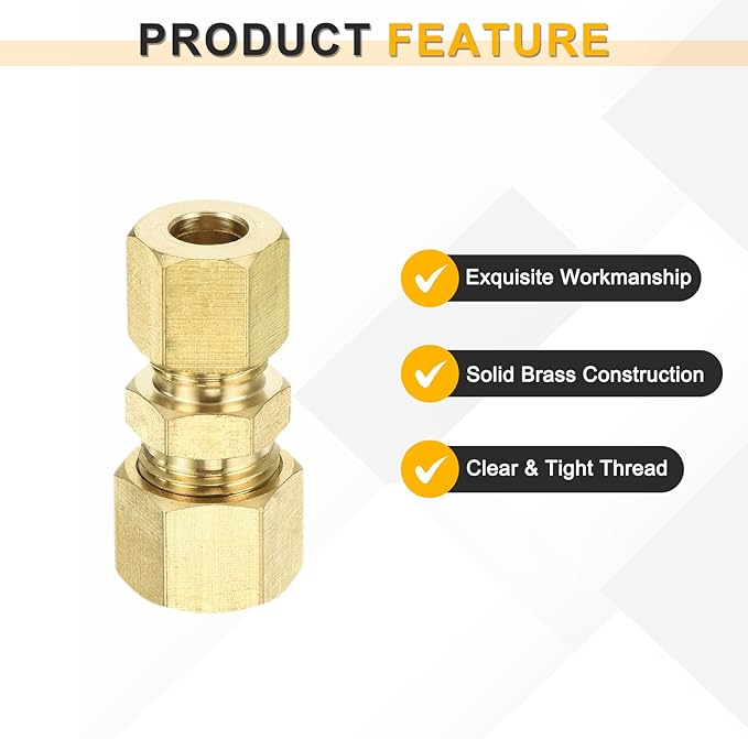 uxcell 3Pcs Brass Compression Tube Fitting, 5/16" Tube OD x 1/4" Tube OD Connector Straight Coupling Adapter Union Fittings