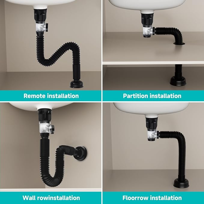Flexible P-Trap Sink Drain Pipe, Bathroom Sink Drain Kits with Strainer Basket Hair Catcher and pop-up Stopper, Fits 1-1/4",1-1/2"and 2" Drain Hole,Matte Black