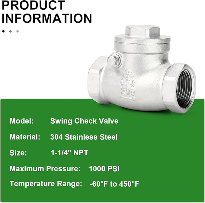 TAISHER 1PCS 304 Stainless Steel 1-1/4" NPT Female Swing Check Valve，Backflow Prevention, One Way Check Valve CF8 WOG 1000