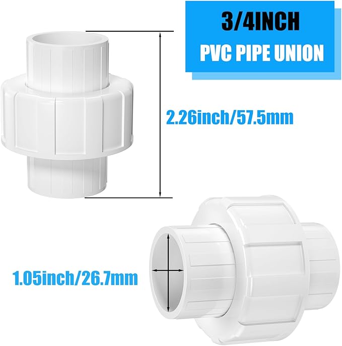 8PCS PVC Union Coupling 3/4Inch, Furniture Grade PVC Union Pipe Fittings with EPDM O-Ring, Schedule 40 White Slip Coupling Adapter for Irrigation, Pool & Spa System, indoor Plumbing Project