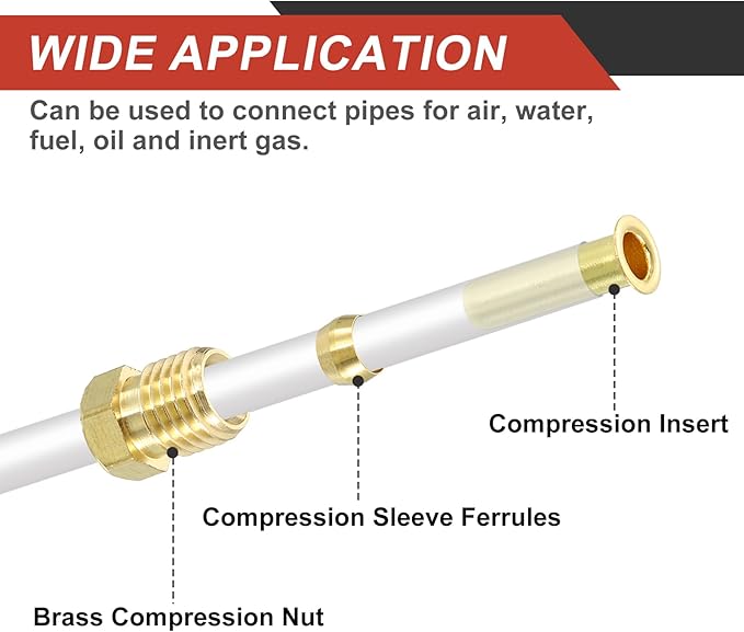 uxcell 10Pcs Fit for 13mm(1/2") Tube ID Brass Compression Fitting, Insert Tube Support Compression Sleeve Fitting, Sleeve Ferrules for Water Oil Air Pipe