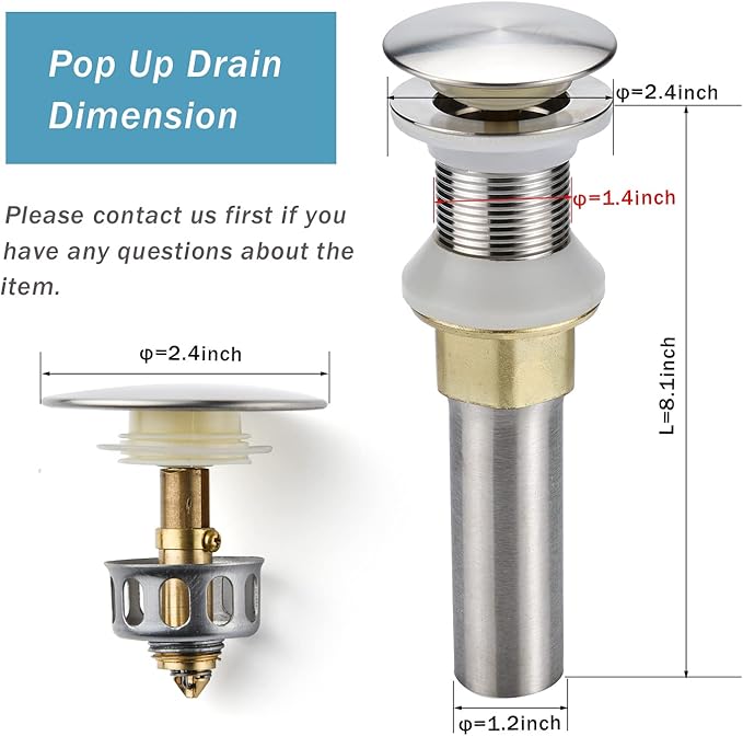 Bathroom Sink Drain,2 Pack Drain Stopper Bathroom Sink Without Overflow,Pop Up Drain Assembly with Detachable Strainer Basket,Built-in Anti-Clogging Strainer,Stainless Steel Brushed Nickel
