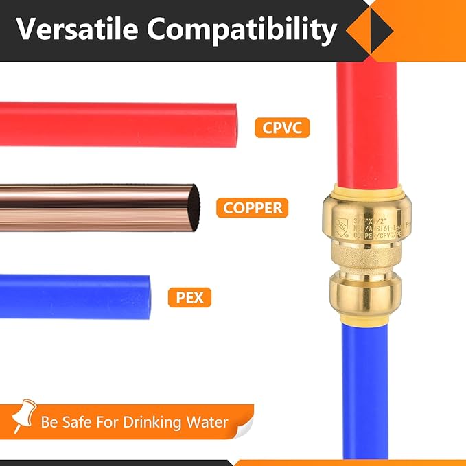 30-Pack HeSun Pushfit Coupling, 3/4"x1/2" Push to Connect Plumbing Fittings with Disconnect Clip, Brass Push-fit Fittings for PEX, Copper, CPVC, PE-RT Pipes(PF017-30)