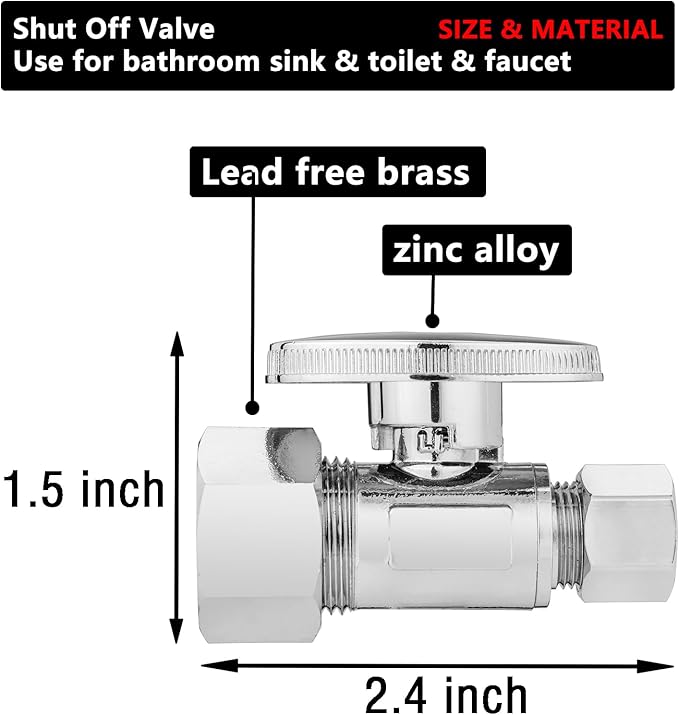 (4 Pack) Lidertik 5/8 inch Compression (1/2 inch Normal Pipe) Straight Stop Valve 1/2 inch x 3/8 inch Compression for Water Sink Toilet Bathroom Sink Brass Plated Chrome 1/4 Turn Valve JF-COMP-S(4PCS)