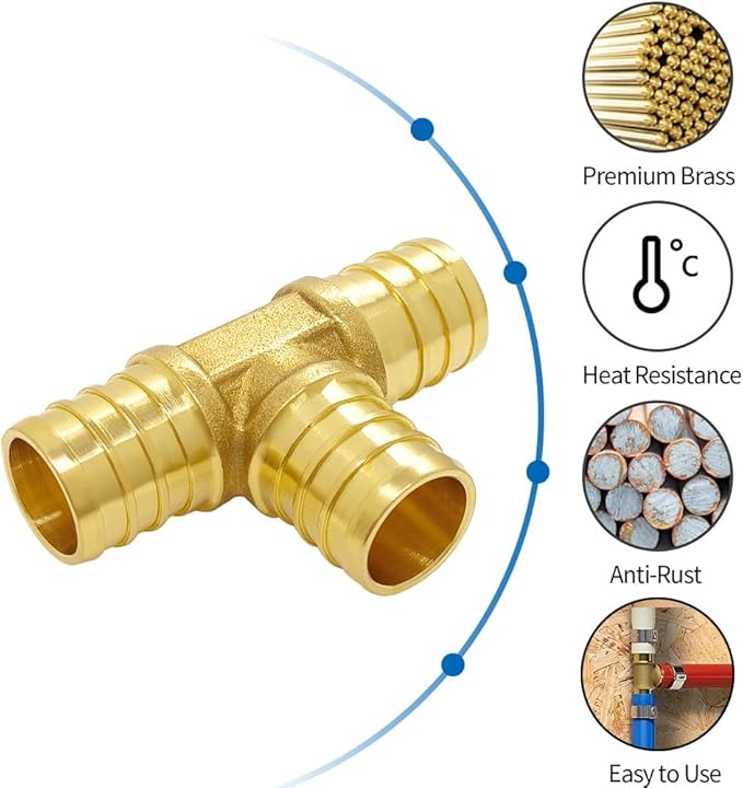 Hooshing 6PCS 3/4 Inch Tee PEX Fitting Solid Brass Barb Crimp Fittings for PEX Pipe Hose