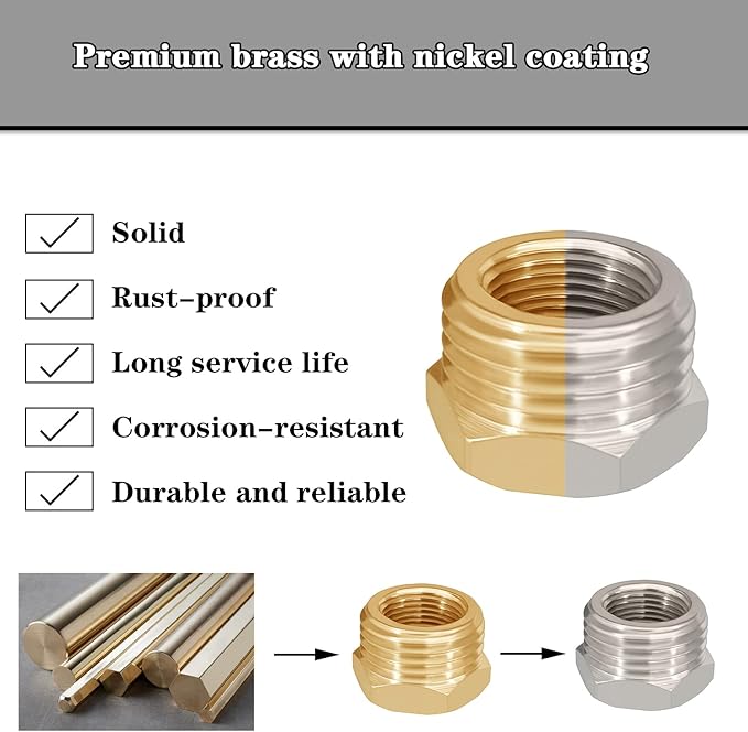 1/2” G Male to 3/8” Compression Female Nickel Plated Brass Reducer Faucet Adapter Water Supply Line Adapter for Kitchen Bathroom Plumbing Pipe 4PCS
