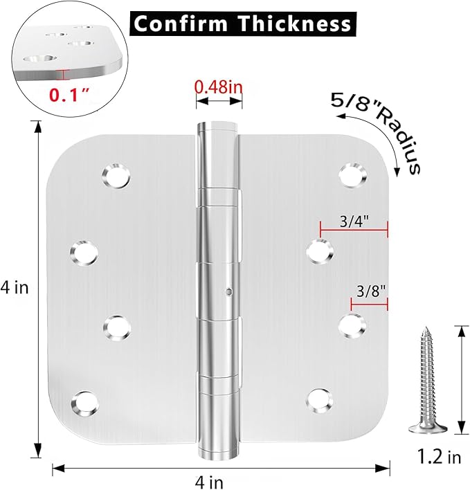 3 Pack Stainless Steel Door Hinge Ball Bearing NRP, Heavy Duty Inner and Outer Door Hardware for Left and Right Doors, 4" (101mm) x 4" (101mm) Door Hinge with 5/8'' Corners