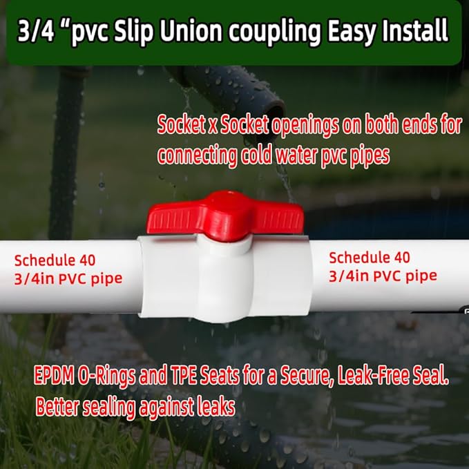 4Pcs 3/4" PVC Ball Valve (Socket x Socket),Schedule 40, Cold Water Pipe 3/4" Shut-off Valve Socket for Water Supply Lines, Garden Irrigation & Pipe Fitting Systems,Red T-Handle.
