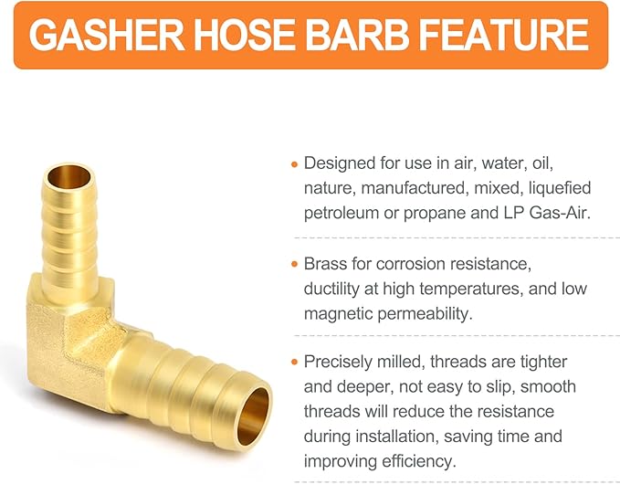 GASHER 10 Pieces Brass Hose Barb Reducer, 1/2 Inch to 3/8 Inch Barb Hose ID 90 Degree L Right Angle Elbow with 20 Hose Clamps, Brass Barb Reducer SPLICER Fitting Fuel/AIR/Water/Oil/Gas/WOG
