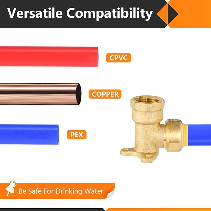 50-Pack HeSun Pushfit Drop-ear Elbow, 1/2" Female NPT x 3/4" Push to Connect Plumbing Fittings with Disconnect Clip, Brass Push-fit Fittings for PEX, Copper, CPVC, PE-RT Pipes(PF074-50)