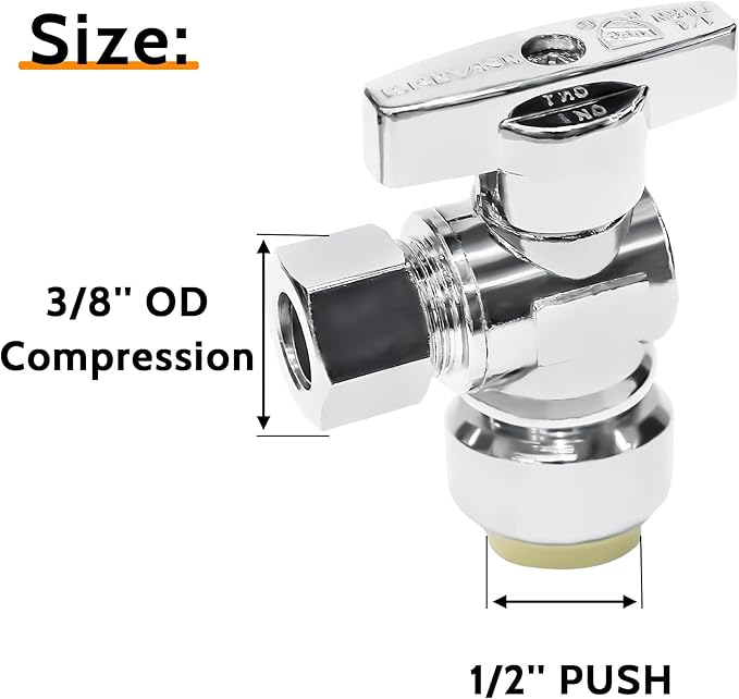 VINTEX 10 Pack Angle Stop Valve 1/2"Push X 3/8" Threaded Compression, 1/2 Inch Push x 3/8 Inch Compression Water Shut Off Valve, 9/16-24UNEF Thread, Copper, CPVC, PE-RT