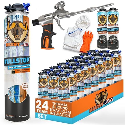BEEST FullStop Spray Foam Insulation Kit for Walls and Attic - 480 Board ft/sq.ft Perfect Heat & Acoustic Insulation for Reduced Energy Bills - 24x Spray Foam Can, 2X Cleaner, 1 Pro Gun & Safety Gear