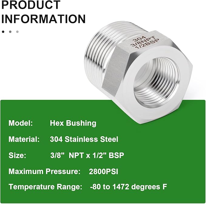 TAISHER 2PCS Forging of 304 Stainless Steel Reducer Hex Bushing, 1/2" BSP Male x 3/8" NPT Female, Reducing Forging Pipe Adapter Fitting