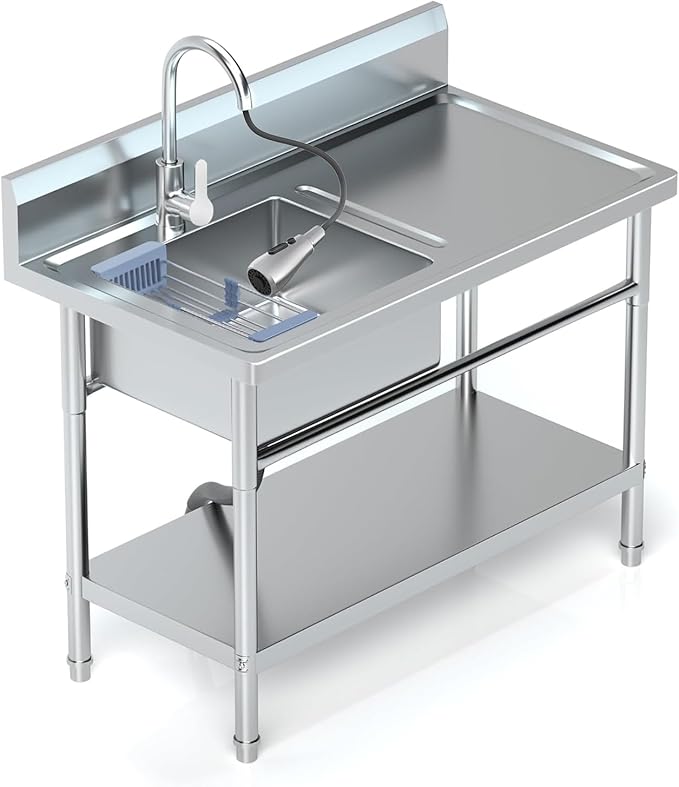 Stainless Steel Utility Sink Freestanding Single Bowl Laundry Sink with 360° Swivel Pull-Out Sprayer Faucet, Hot and Cold Water Plumbing Workbench for Laundry Room Farmhouse