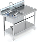 Stainless Steel Utility Sink Freestanding Single Bowl Laundry Sink with 360° Swivel Pull-Out Sprayer Faucet, Hot and Cold Water Plumbing Workbench for Laundry Room Farmhouse