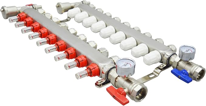 9 Branch PEX Radiant Floor Heating Manifold Set Floor Heating Water Distributor 1/2" Pipe Adapter 308 Stainless Steel and Brass, for Heating Systems