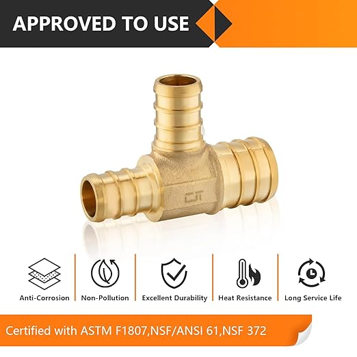 20-Pack HeSun PEX Fittings, 1"x3/4"x3/4" Pex Tee, Brass Crimp Fitting for ASTM F1807(PEX1807088-20)