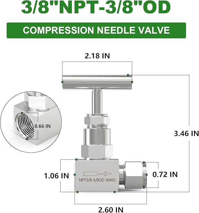 TAISHER 1PCS 304 Stainless Steel High Pressure Straight Needle Valve 3/8" NPT Female x 3/8" Tube OD For Flow Control Water Gas Oil