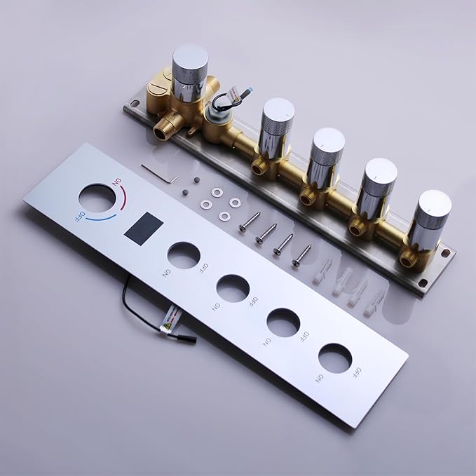 4 Way Shower Diverter Valve with Temperature Display Brass Rough-In Shower Mixing Valve Kit Replacement Can Work At The Same Time, Chrome