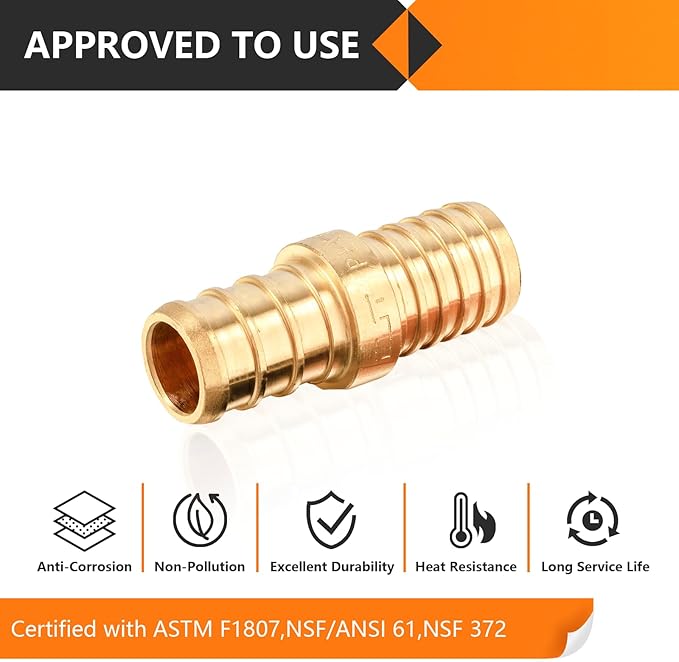 5-Pack HeSun Polybutylene Transition Coupling, 1/2" PEX X 1/2" PB, Brass Crimp Pex Fittings with 10 Rings, ASTM F1807(PEX1807504)