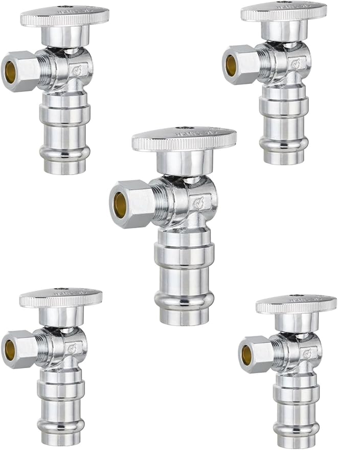 (Pack of 5) EFIELD Stop Angle Valve, 1/2" Copper Press x 3/8" OD Compression, 1/4 Turn, LF Brass Made, Chrome Plated,(VALVE393-5PCS)
