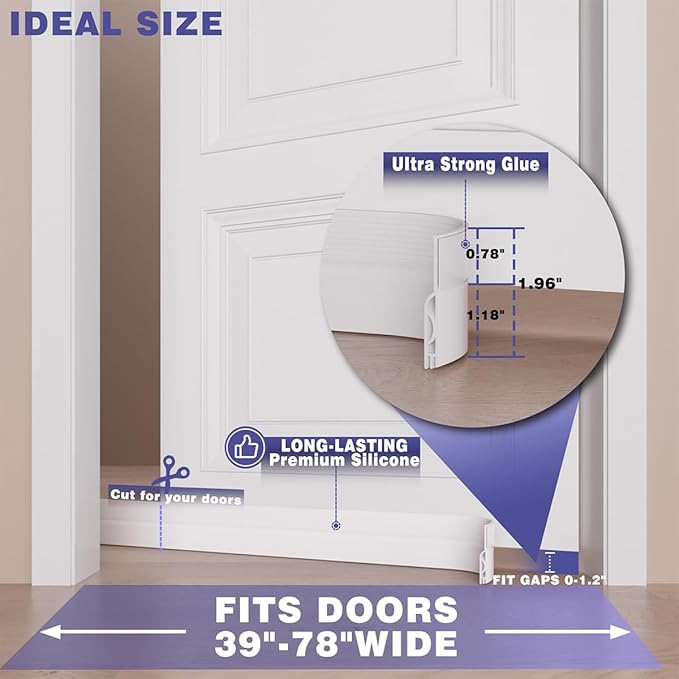 Door Draft Stopper,Adjustable Door Sweep for Bottom of Door,Silicone Weather Stripping Door Bottom Seal Blocker Air Noise,Under Door Gap Filler for Interior/Exterior Doors(White, 78inch)