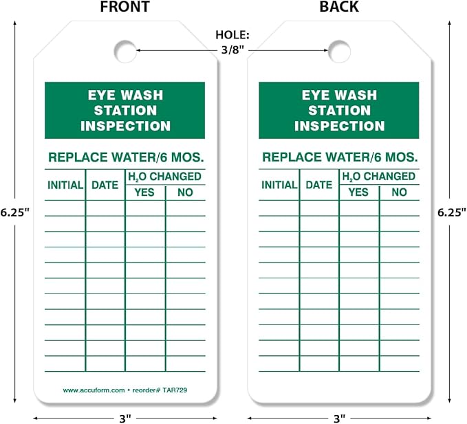 AccuformNMC 250 Tags by-The-Roll, Eyewash Station Inspection Tags with Record, US Made OSHA Compliant Eye Wash Tags, Waterproof PF-Cardstock, Resists Tears, 6.25"x3", TAR729