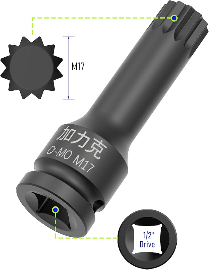 1/2-Inch Drive x M17(17mm) Impact XZN Triple Square Spline Bit Socket, Metric Lengthen Screwdriver Socket Adapter, 3-Inch Length, CR-MO Steel, One-Piece Construction, Black