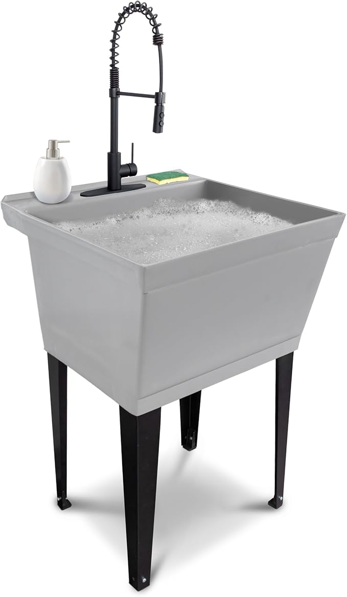 Utility Sink Extra-Deep Laundry Tub in Grey with High-Arc Coil Pull-Down Sprayer Faucet in Matte Black, Integrated Supply Lines, P-Trap Kit, Heavy Duty Floor Mounted Freestanding Wash Station