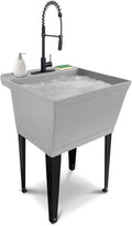 Utility Sink Extra-Deep Laundry Tub in Grey with High-Arc Coil Pull-Down Sprayer Faucet in Matte Black, Integrated Supply Lines, P-Trap Kit, Heavy Duty Floor Mounted Freestanding Wash Station
